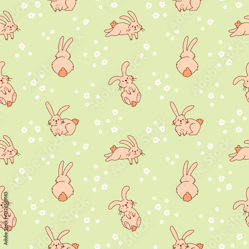 Cute Fluffy Bunnies Hand Drawn Seamless Pattern. Adorable Rabbits Frolic in Meadow. Playful Cartoon Background for Nursery Wallpaper, Easter Wrapping Paper, and Digital Projects
