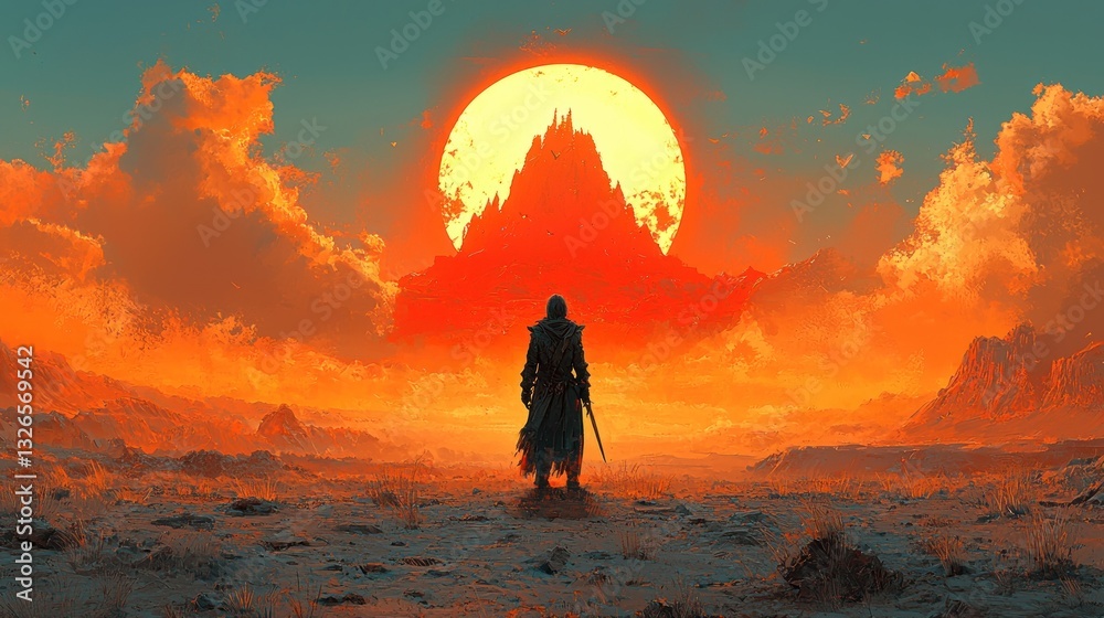 Obraz premium Lone warrior facing a fiery sunset and colossal castle.
