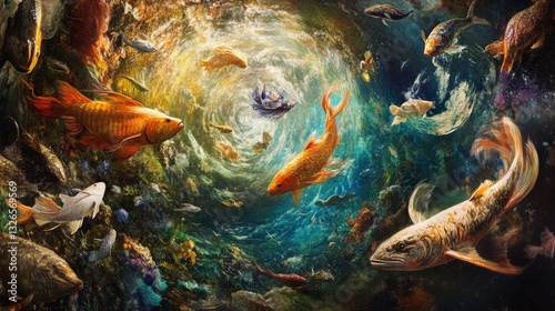Vibrant Underwater Scene with Colorful Koi and Goldfish Swimming in a Mystical Ocean Environment