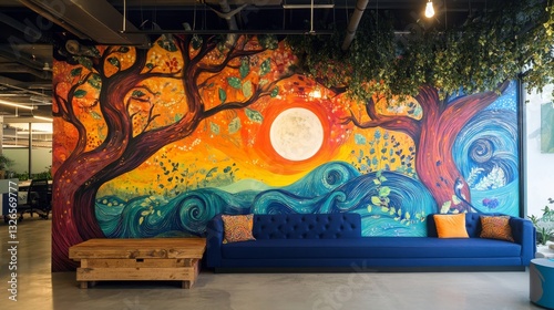 Vibrant Wall Mural Depicting Trees and Sunset in Modern Office Lounge Space