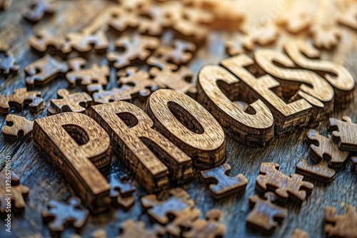 Wooden letters spelling the word process with puzzle pieces photo