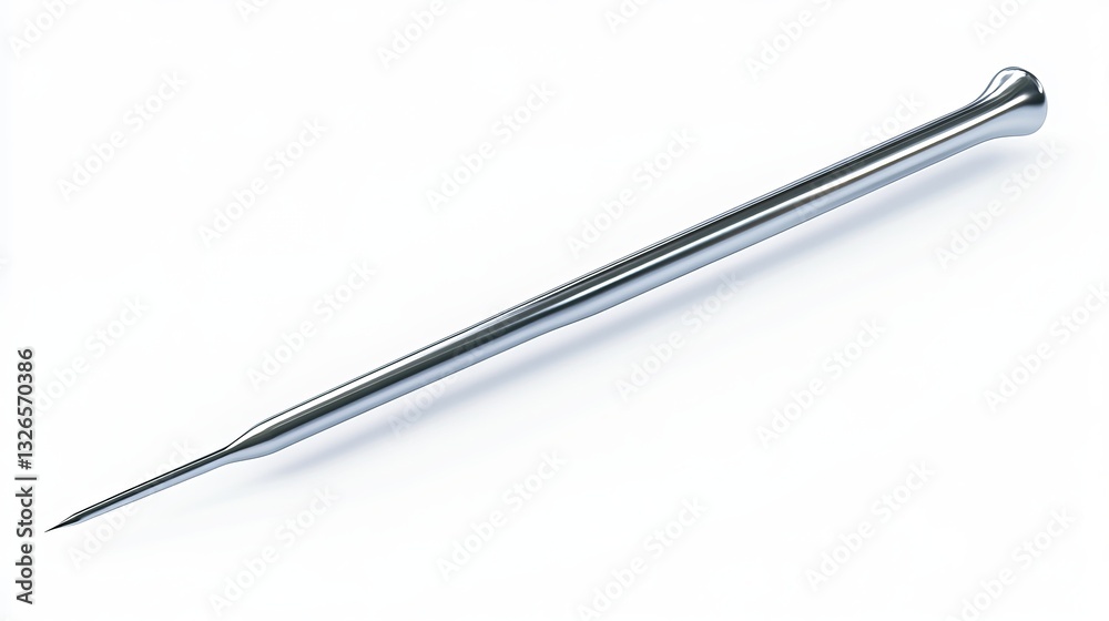 A highly detailed 3D vector illustration of a chrome sewing needle, isolated against a transparent white background as part of essential sewing accessories