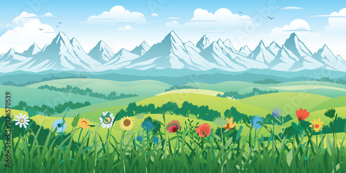 Flowering alpine meadow and hills against a backdrop of mountain peaks, panoramic view, vector illustration