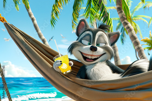 A cartoonish, happy skunk lies in a hammock on an exotic island under palm trees against the backdrop of the ocean with a glass of lemonade in his hand.