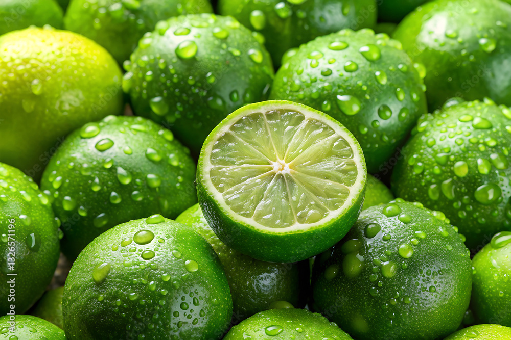 Close-up view of fresh limes with dew drops on their surface, highlighting their vibrant green color and glossy texture. Close-up view of fresh limes with dew drops on their surface, highlighting their vibrant green color and glossy texture.