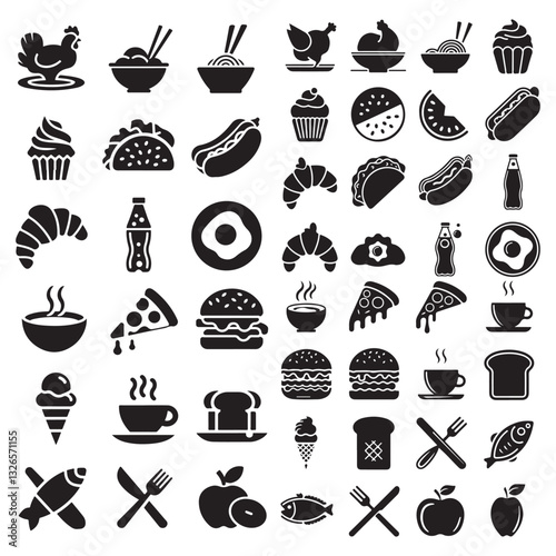 Fast food vector line bold icon set with text. Pizza, noodle soup, hot dog, popcorn, ice cream, chips, hot dog, donut, sandwich.Fast food vector icon set with text. Pizza, taco, hamburger, fries potat