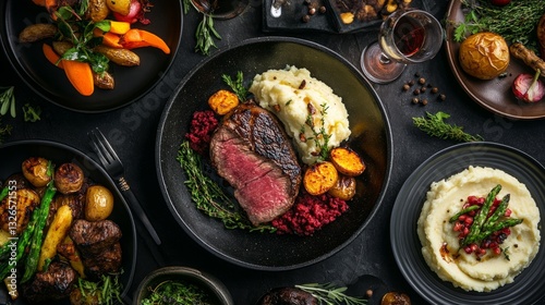 A top view of a variety of dishes including a steak, mashed potatoes, and roasted vegetables, with a medium zoom to focus on the intricate plating and vibrant colors.