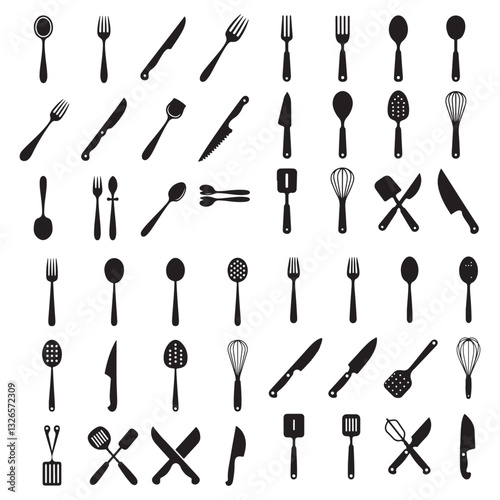 Cutlery and kitchen utensils set. Kitchenware silhouette  Kitchen tools or spatulas on white background. Kitchen utensils butcher tools  Cutlery silhouettes. Fork spoon knife black icons, silverware s