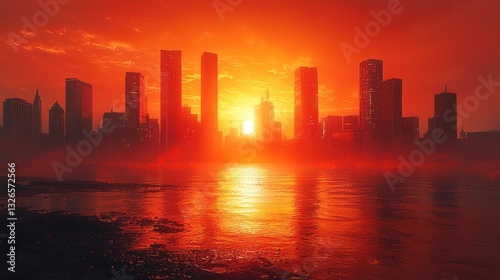 Fiery sunset over a hazy city skyline reflected in calm water.