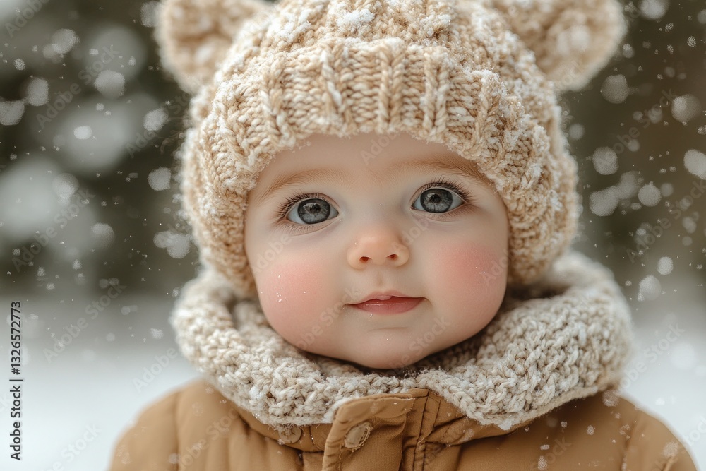 Adorable Baby Boy in Cozy Winter Jacket and Knitted Hat Smiling in Snowy Forest Landscape Adorable Baby Boy in Cozy Winter Jacket and Knitted Hat Smiling in Snowy Forest Landscape
