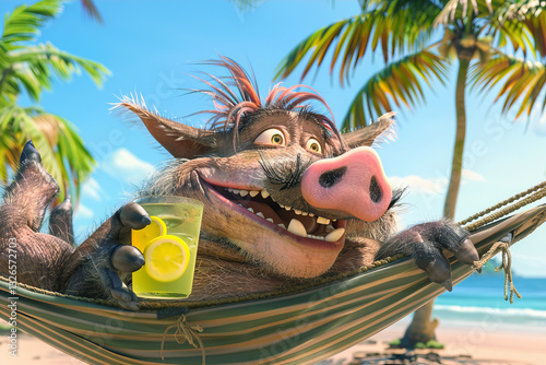 A cartoonish, happy warthog lies in a hammock on an exotic island under palm trees against the backdrop of the ocean with a glass of lemonade in his hand.