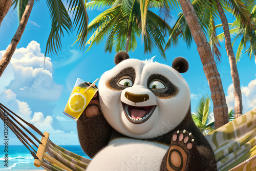 A cartoonish, happy panda lies in a hammock on an exotic island under palm trees against the backdrop of the ocean with a glass of lemonade in her hand.