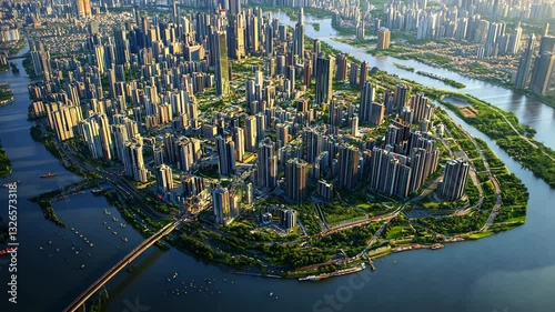 Futuristic Megacity with Dense Skyscrapers, Green Spaces, and Waterways at Sunset
