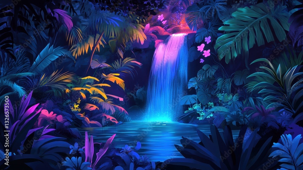 Fototapeta premium A Colorful Waterfall Cascades Down Amidst Lush Green Jungle Foliage