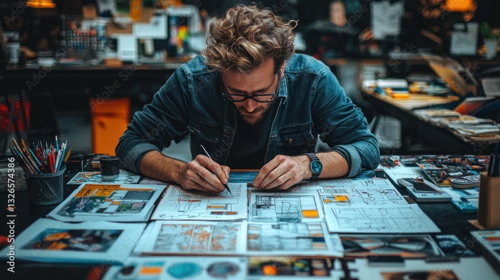 Fototapeta premium Focused designer sketching on papers at desk.