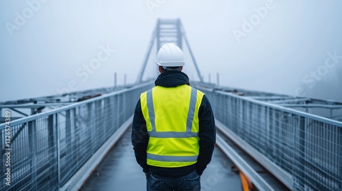 Civil Engineer Overseeing Bridge Construction from Behind, Wearing High-Visibility Vest and Hard Hat