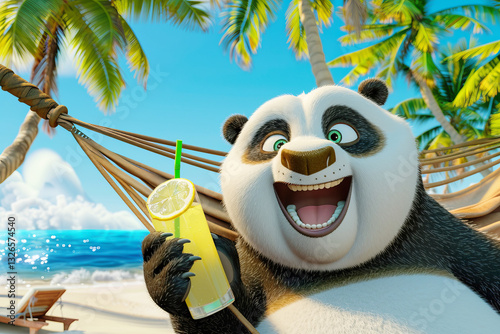 A cartoonish, happy panda lies in a hammock on an exotic island under palm trees against the backdrop of the ocean with a glass of lemonade in her hand.