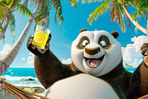 A cartoonish, happy panda lies in a hammock on an exotic island under palm trees against the backdrop of the ocean with a glass of lemonade in her hand.