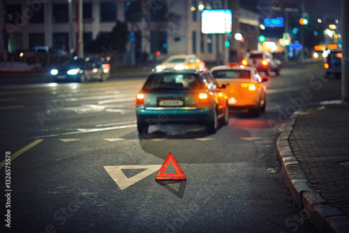 Obraz na płótnie Reflective warning triangle placed on road at night after rear-end collision between two cars, accident caution, traffic safety, and emergency response. Red warning triangle. Selective focus w salonie
