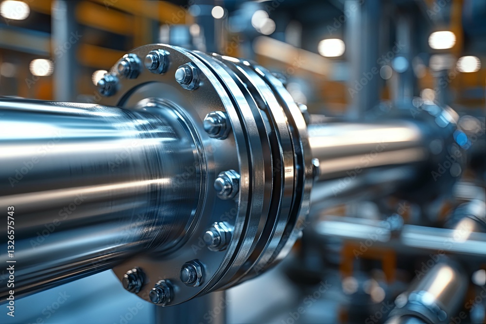 Shiny metallic industrial piping system with bolts and flanges close up Shiny metallic industrial piping system with bolts and flanges close up