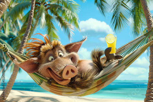 A cartoonish, happy warthog lies in a hammock on an exotic island under palm trees against the backdrop of the ocean with a glass of lemonade in his hand.