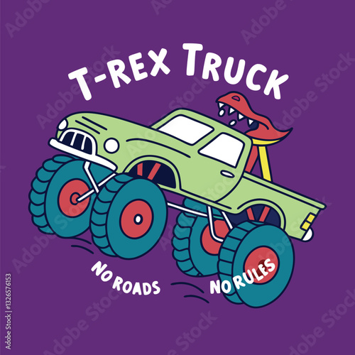 T-Rex Monster Truck "Roads No Rules" T-Shirt Design