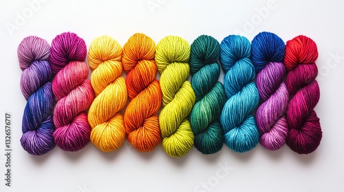 An array of vibrant wool and cotton yarn balls arranged in a gradient and stretch pattern against a white background, creating a rainbow-like layout