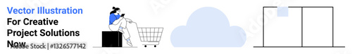 Woman using a laptop beside a shopping cart, cloud graphic, and sliding door elements. Ideal for e-commerce, creativity, teamwork, innovation, cloud solutions, project management flat landing page