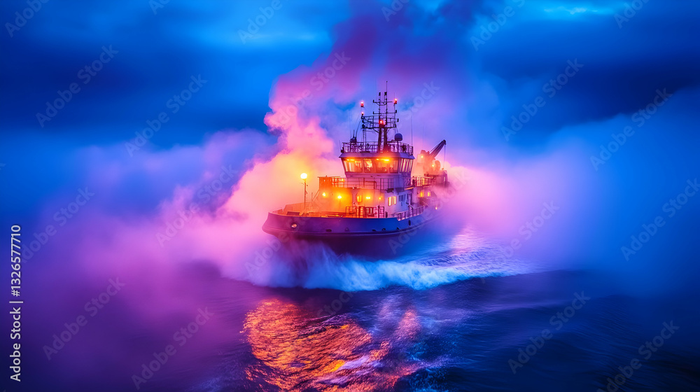 Obraz premium Tugboat navigating through a vibrant, colorful, foggy night sea