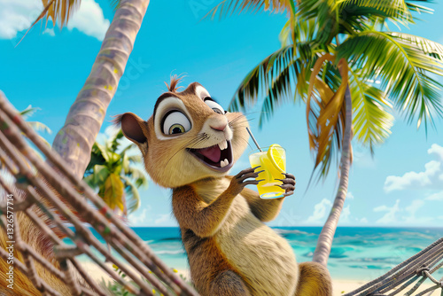 A cartoonish, happy squirrel lies in a hammock on an exotic island under palm trees against the backdrop of the ocean with a glass of lemonade in her hand.