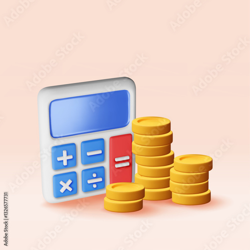 3D modern calculator with golden coins isolated. Mathematics icon. Financial math device with money. Counting budget and savings concept. Cash and taxes, financial management. Vector illustration