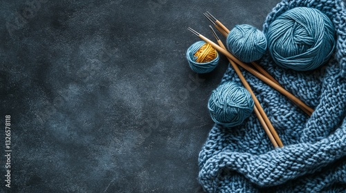 Beginner-friendly knitting project using circular needles and a ball of yarn, placed on a textured gray background with space for text