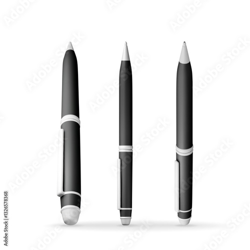 3D set of detailed classic ballpoint pen isolated on white. Render collection of black pen with button. Office and school equipment, stationery. Vector illustration