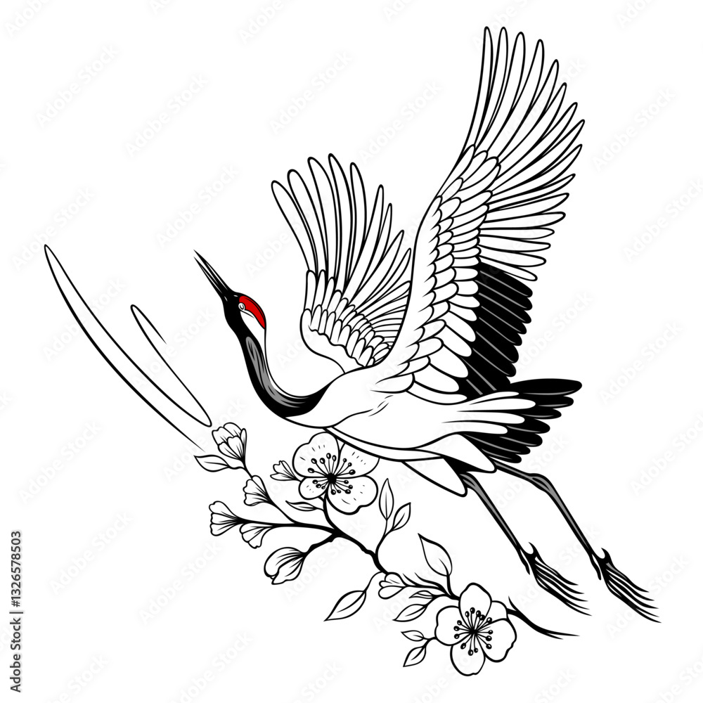 Fototapeta premium Kranich mit Kirschblüten. Frühling Vektor.