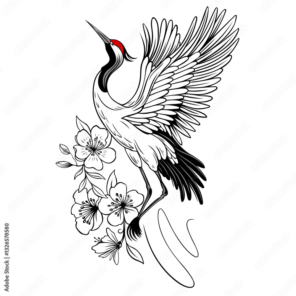 Fototapeta premium Kranich mit Kirschblüten. Frühling Vektor.