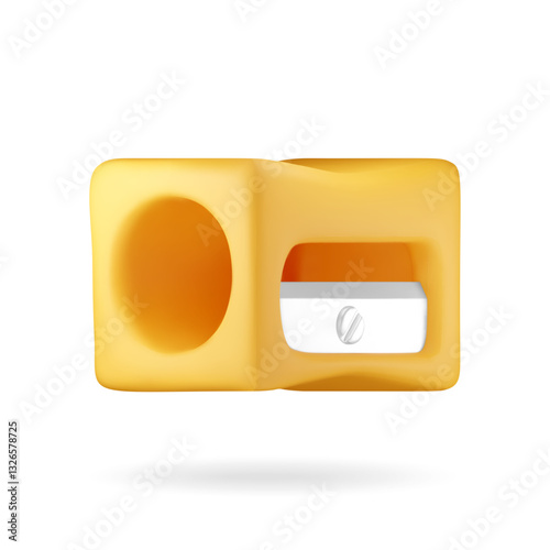 3D plastic pencil sharpener isolated on white. Render yellow sharpener tool icon. Office supply stationery and education. Vector illustration