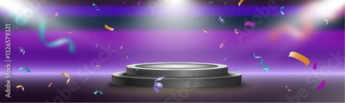Dark stage with spotlights, confetti, and celebration atmosphere.
