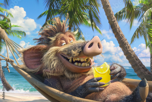 A cartoonish, happy warthog lies in a hammock on an exotic island under palm trees against the backdrop of the ocean with a glass of lemonade in his hand.