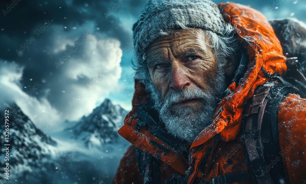 Elderly Man Climbing Snowy Mountains in Himalayas Adventurous Winter Expedition Elderly Man Climbing Snowy Mountains in Himalayas Adventurous Winter Expedition
