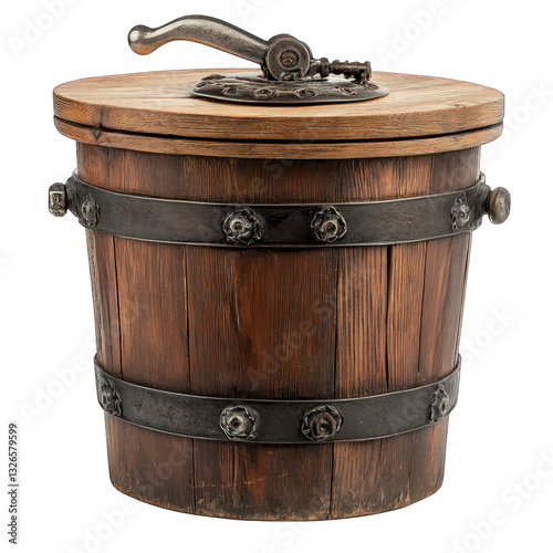 A vintage wooden ice cream bucket with a metal churn and hand-crank handle isolated on a white background.
