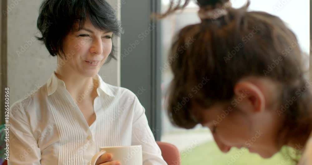 Two young women are engaged in a lively conversation while seated in a modern, stylish cafe setting Two young women are engaged in a lively conversation while seated in a modern, stylish cafe setting