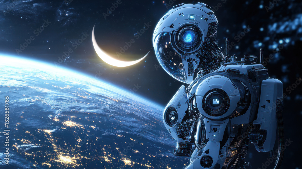 Futuristic robot observing crescent earth from space with starry cosmic background reflecting technology and innovation