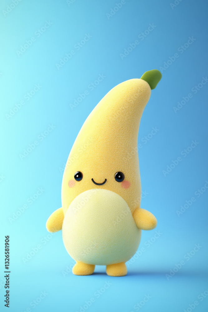 Cute plush banana toy with smiling face and green leaf set against a vibrant blue background, showcasing soft playful character design