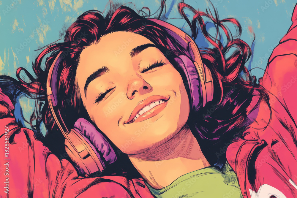 Joyful young woman with headphones relaxing outdoors, listening to music, smiling blissfully, radiating happiness and contentment