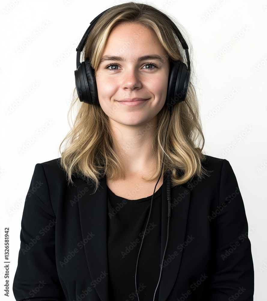 Professional Woman in Black Suit Wearing Headphones Blonde Hair & Smiling Expression Isolated Transparent PNG Background High-Resolution Business Portrait Image Professional Woman in Black Suit Wearing Headphones Blonde Hair & Smiling Expression Isolated Transparent PNG Background High-Resolution Business Portrait Image