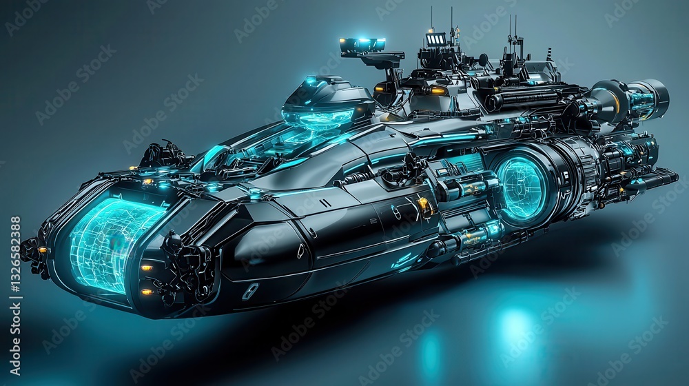 Fototapeta premium Futuristic spaceship design with neon blue glowing elements
