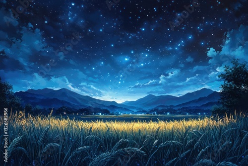 Serene Nighttime Landscape Watercolor Grassy Field Starlit Sky