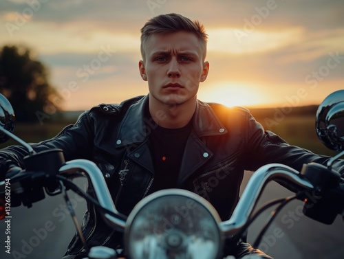A young man in a leather jacket riding a motorcycle during sunset.