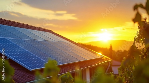 Modern house with blue solar panels under warm sunset, blending sustainability with serene beauty.