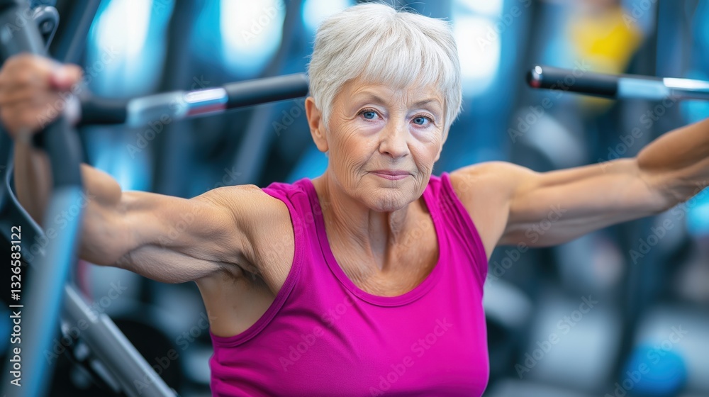 Fototapeta premium Senior woman exercising and strength training in a gym